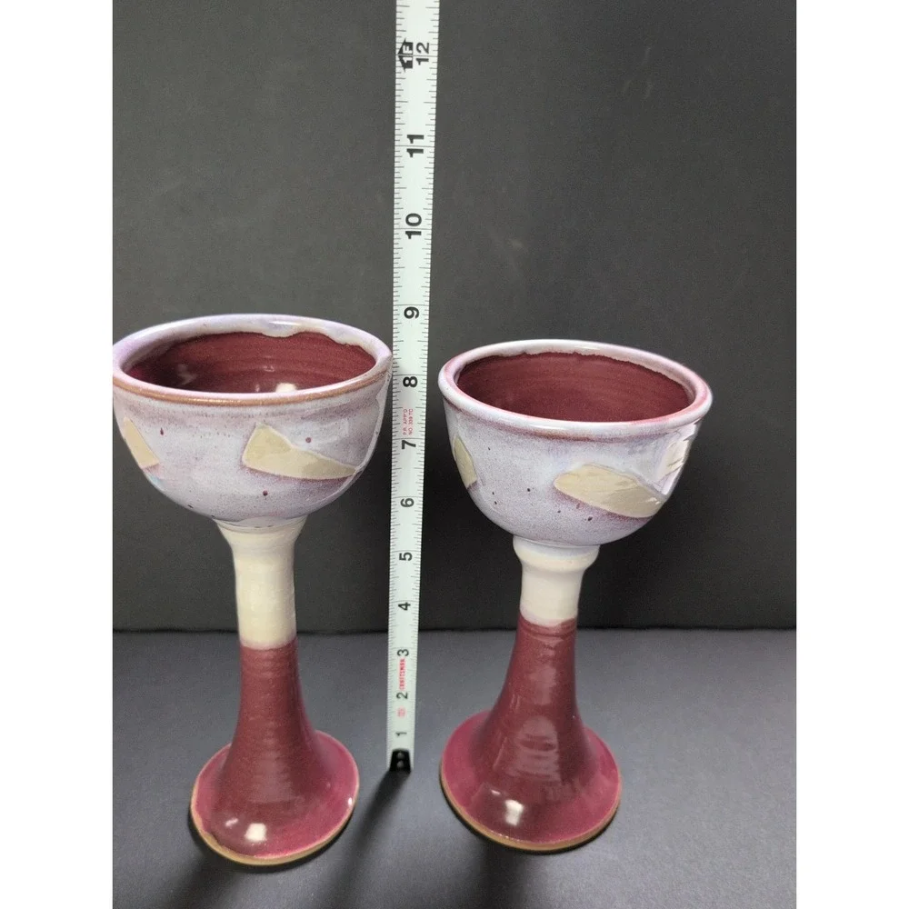 Set 2 Studio Art Pottery Goblet Chalice Wine Glass Cream Maroon Glazed Pedestal